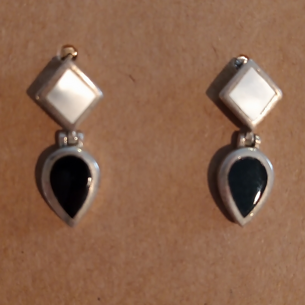 Silver Drop Earrings with Black Teardrop Accents - Women's Jewelry